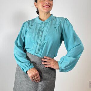 Vintage VIRONA Light Teal Embroidered Long Sleeve Blouse - Size 40 EU